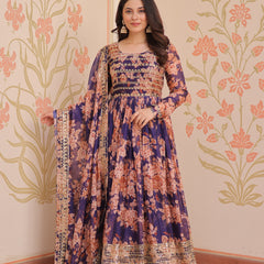 Digital Print Embroidered Gown with Dupatta