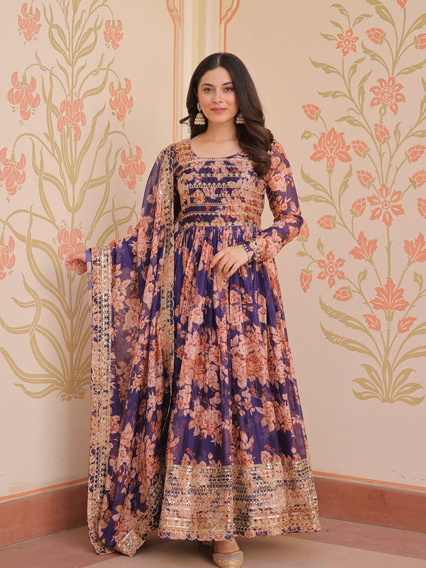 Digital Print Embroidered Gown with Dupatta