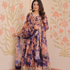Digital Print Embroidered Gown with Dupatta