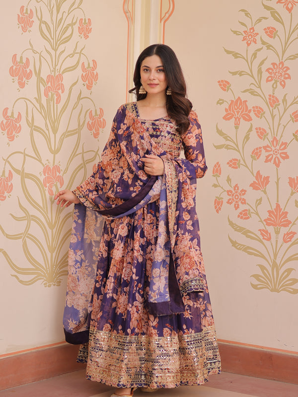 Digital Print Embroidered Gown with Dupatta