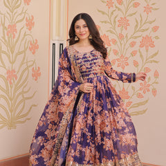 Digital Print Embroidered Gown with Dupatta