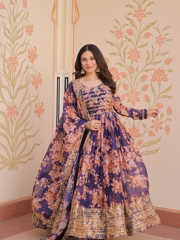 Digital Print Embroidered Gown with Dupatta