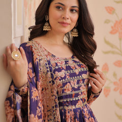 Digital Print Embroidered Gown with Dupatta
