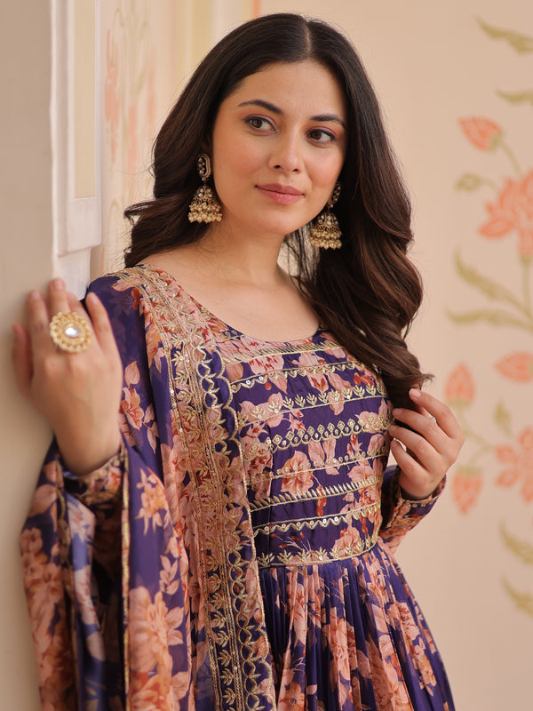 Digital Print Embroidered Gown with Dupatta