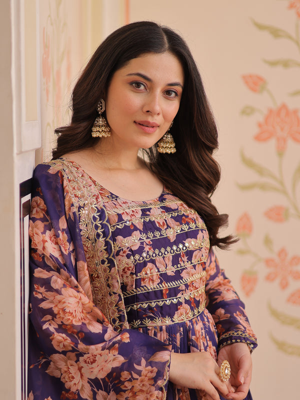 Digital Print Embroidered Gown with Dupatta