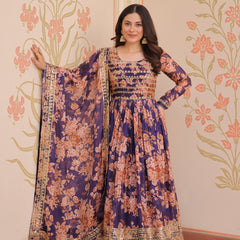 Digital Print Embroidered Gown with Dupatta