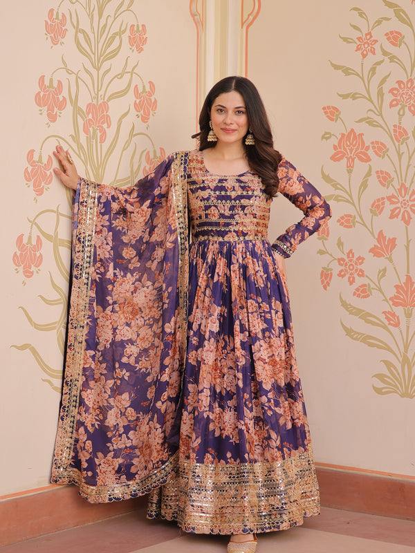 Digital Print Embroidered Gown with Dupatta