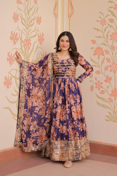 Digital Print Embroidered Gown with Dupatta