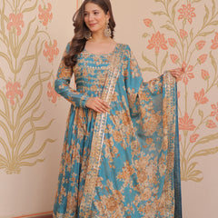 Digital Print Embroidered Gown with Dupatta