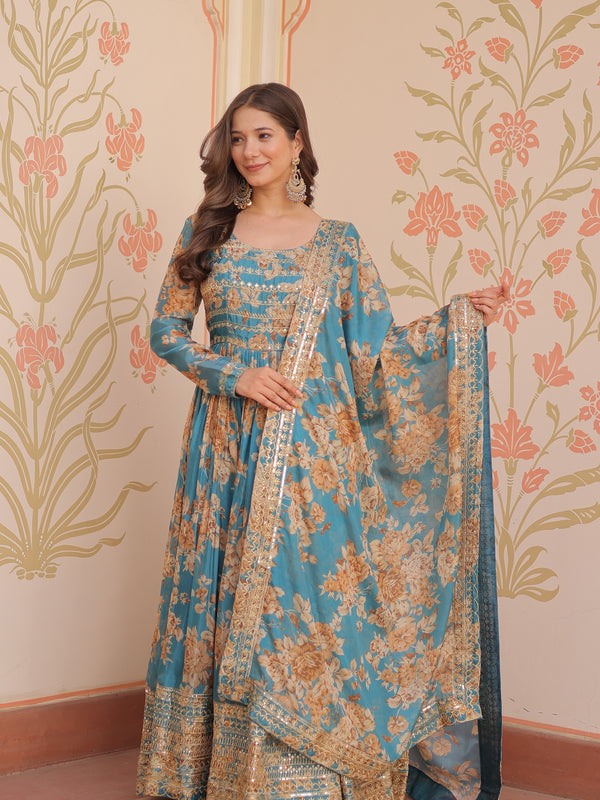 Digital Print Embroidered Gown with Dupatta