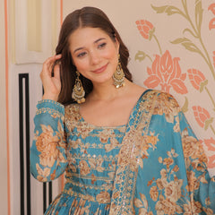 Digital Print Embroidered Gown with Dupatta