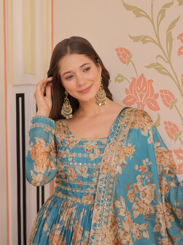 Digital Print Embroidered Gown with Dupatta