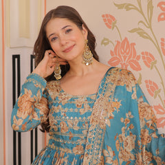 Digital Print Embroidered Gown with Dupatta