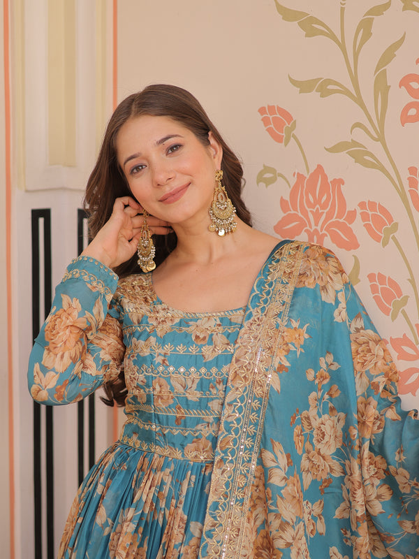 Digital Print Embroidered Gown with Dupatta