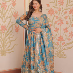 Digital Print Embroidered Gown with Dupatta