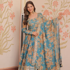 Digital Print Embroidered Gown with Dupatta
