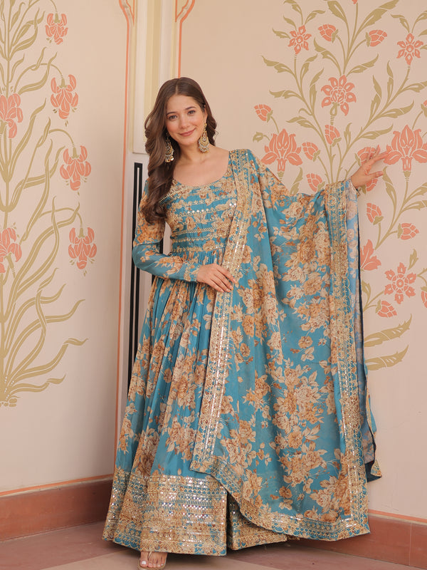 Digital Print Embroidered Gown with Dupatta
