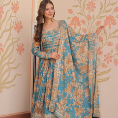 Digital Print Embroidered Gown with Dupatta