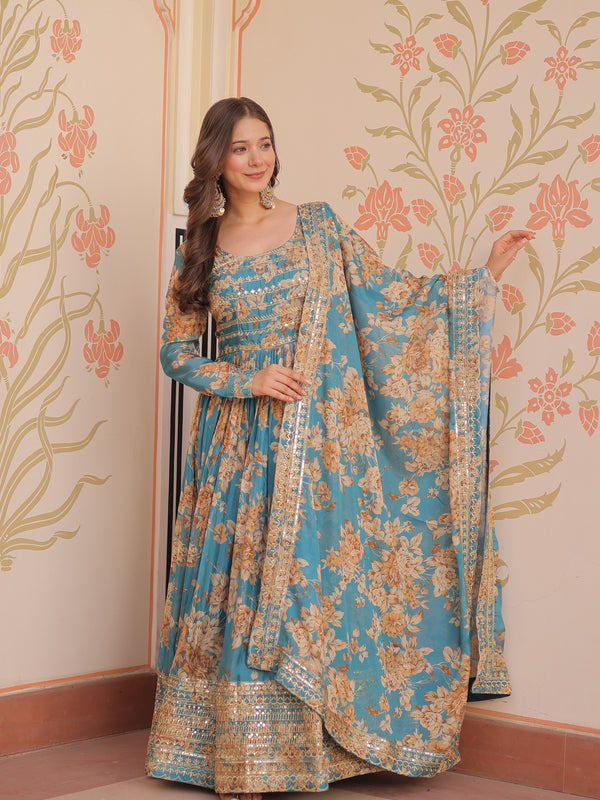 Digital Print Embroidered Gown with Dupatta