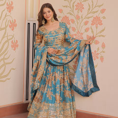 Digital Print Embroidered Gown with Dupatta
