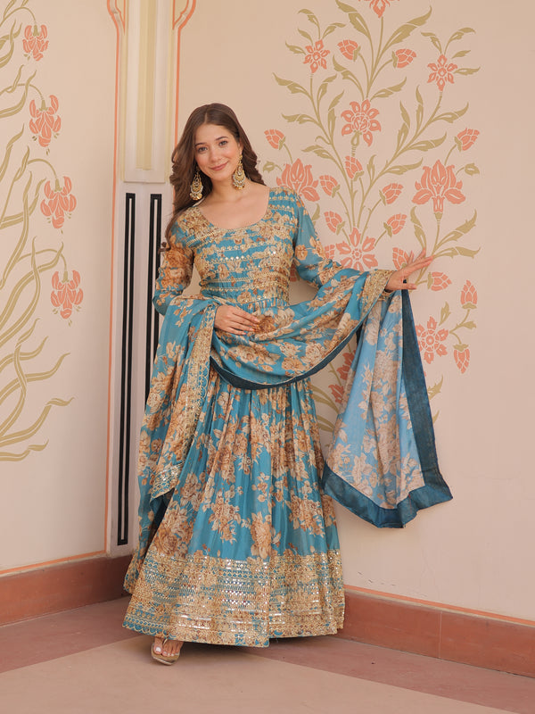 Digital Print Embroidered Gown with Dupatta