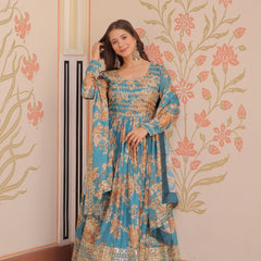 Digital Print Embroidered Gown with Dupatta