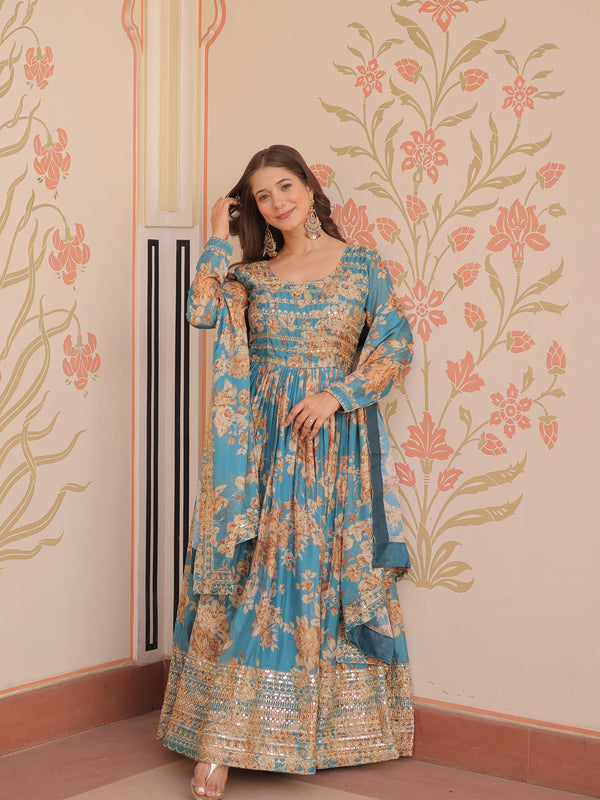 Digital Print Embroidered Gown with Dupatta