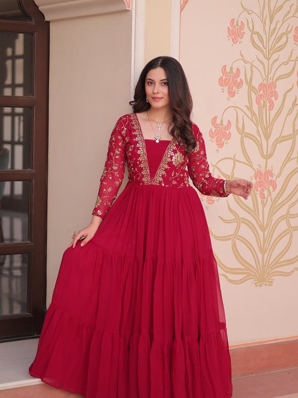 Faux Blooming Sequins Embroidered Tiered Gown
