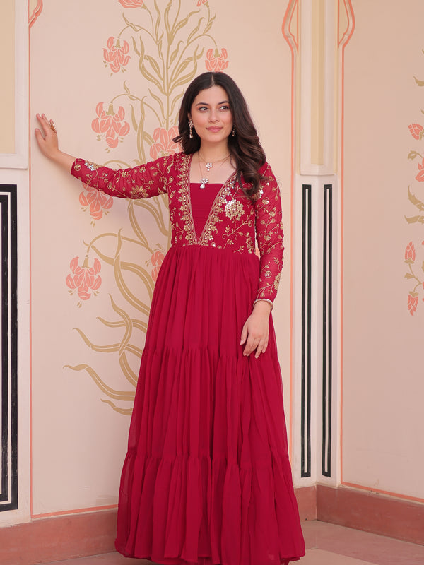 Faux Blooming Sequins Embroidered Tiered Gown