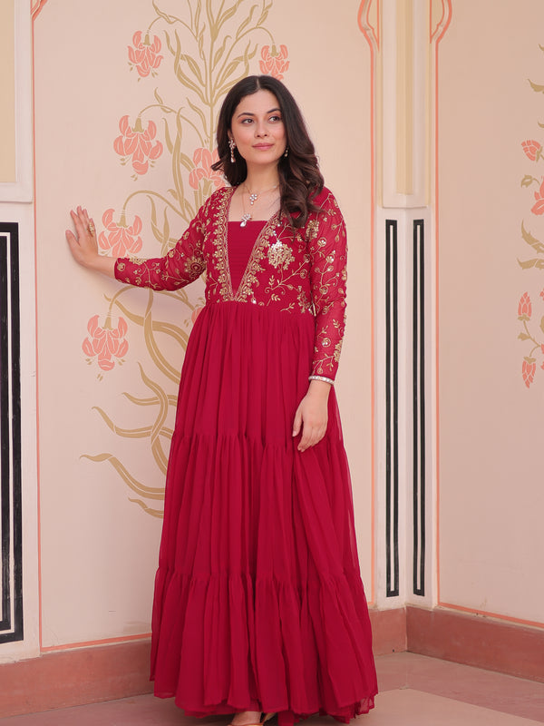 Faux Blooming Sequins Embroidered Tiered Gown