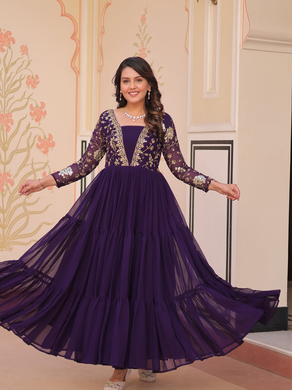 Faux Blooming Sequins Embroidered Tiered Gown