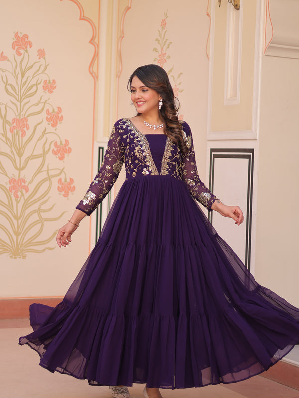 Faux Blooming Sequins Embroidered Tiered Gown