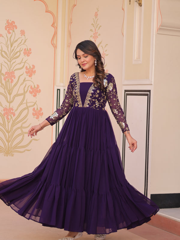 Faux Blooming Sequins Embroidered Tiered Gown
