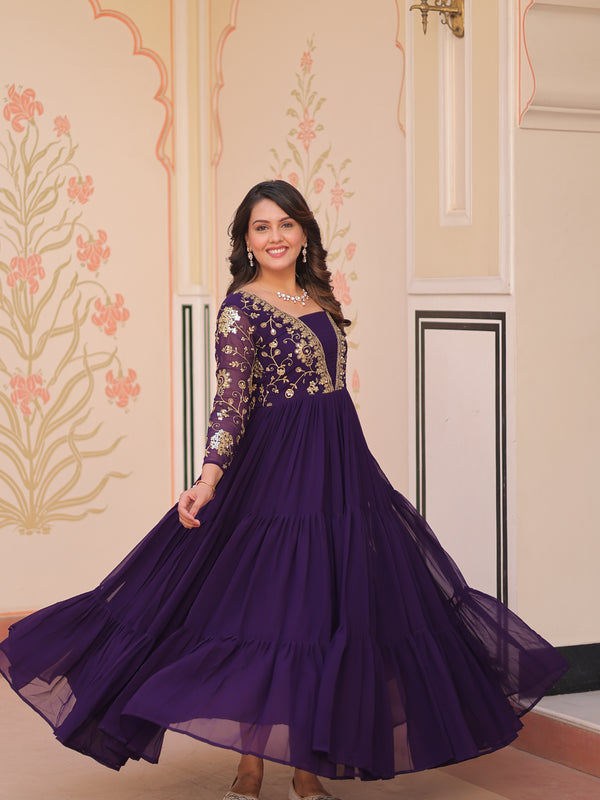 Faux Blooming Sequins Embroidered Tiered Gown