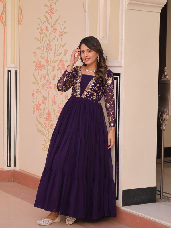 Faux Blooming Sequins Embroidered Tiered Gown