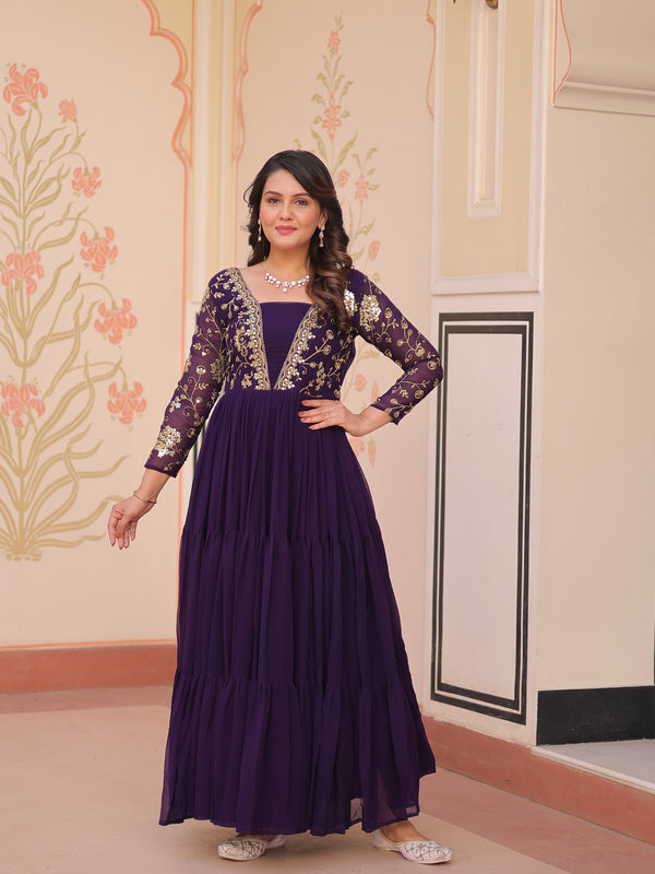 Faux Blooming Sequins Embroidered Tiered Gown