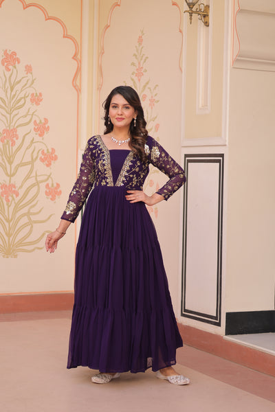 Faux Blooming Sequins Embroidered Tiered Gown