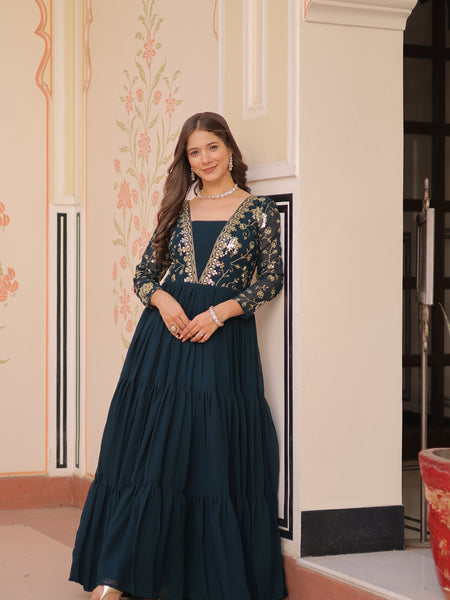 Faux Blooming Sequins Embroidered Tiered Gown