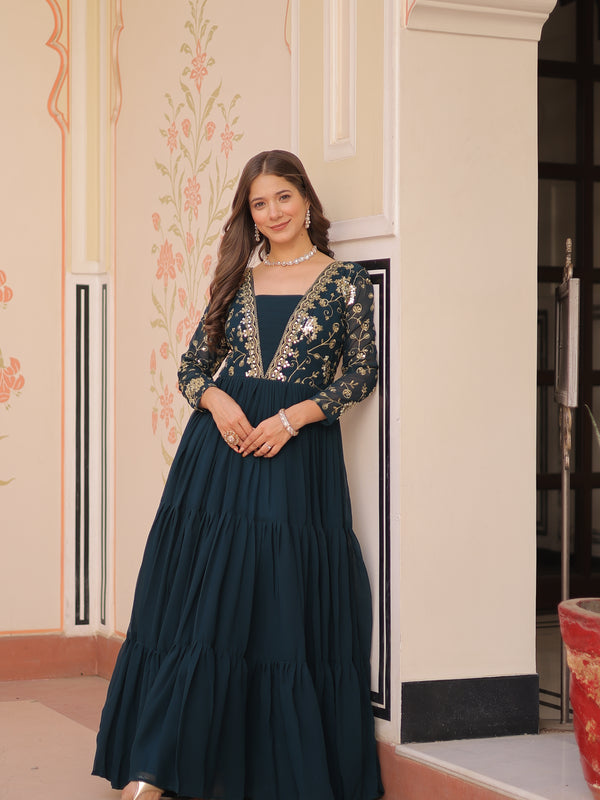 Faux Blooming Sequins Embroidered Tiered Gown