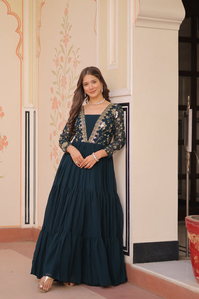 Faux Blooming Sequins Embroidered Tiered Gown
