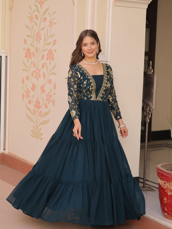 Faux Blooming Sequins Embroidered Tiered Gown