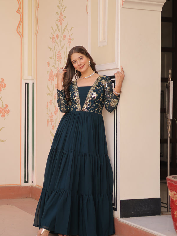 Faux Blooming Sequins Embroidered Tiered Gown