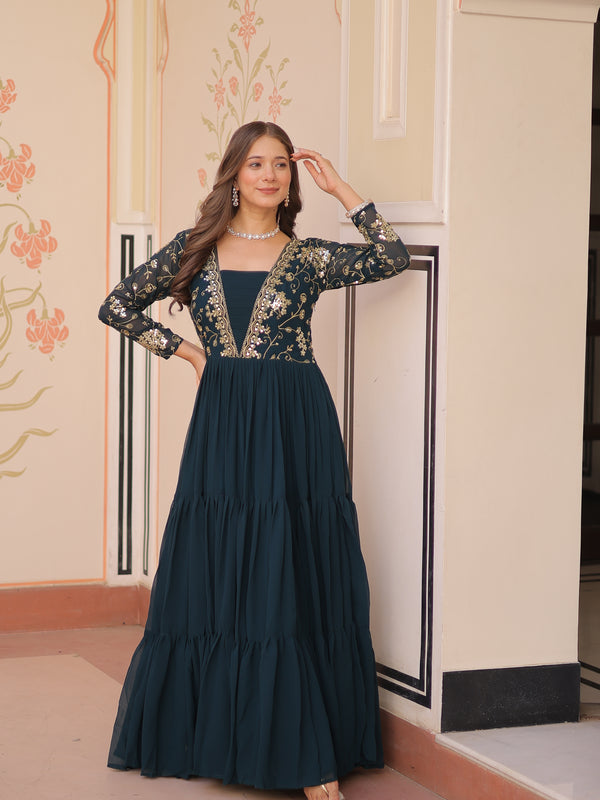 Faux Blooming Sequins Embroidered Tiered Gown