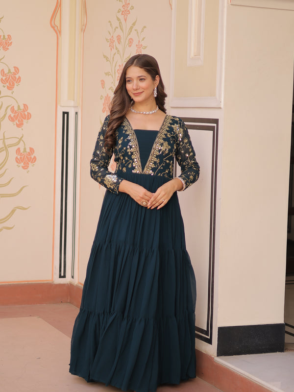 Faux Blooming Sequins Embroidered Tiered Gown