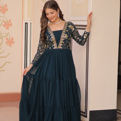 Faux Blooming Sequins Embroidered Tiered Gown