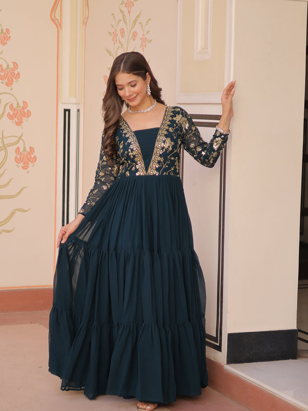 Faux Blooming Sequins Embroidered Tiered Gown