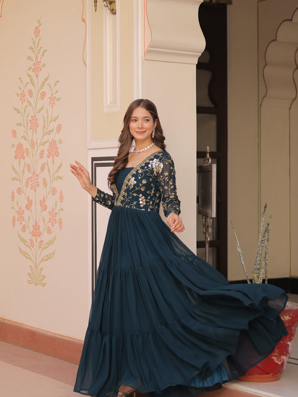 Faux Blooming Sequins Embroidered Tiered Gown