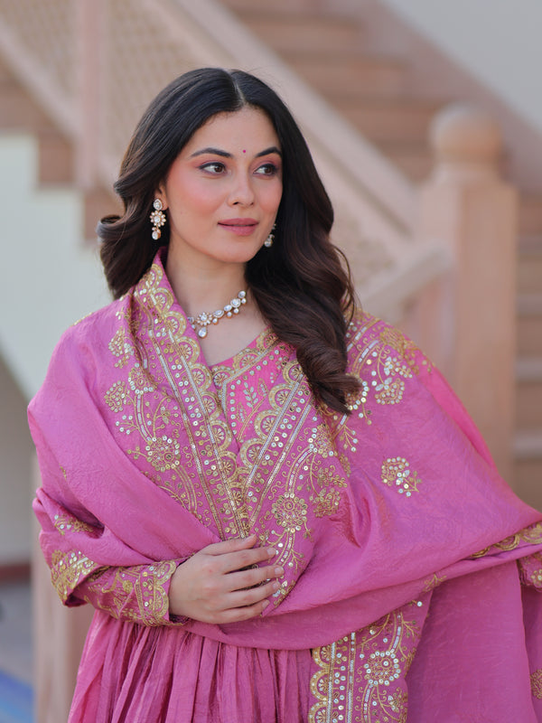 Gold-Crush Sequins Embroidered Gown with Dupatta