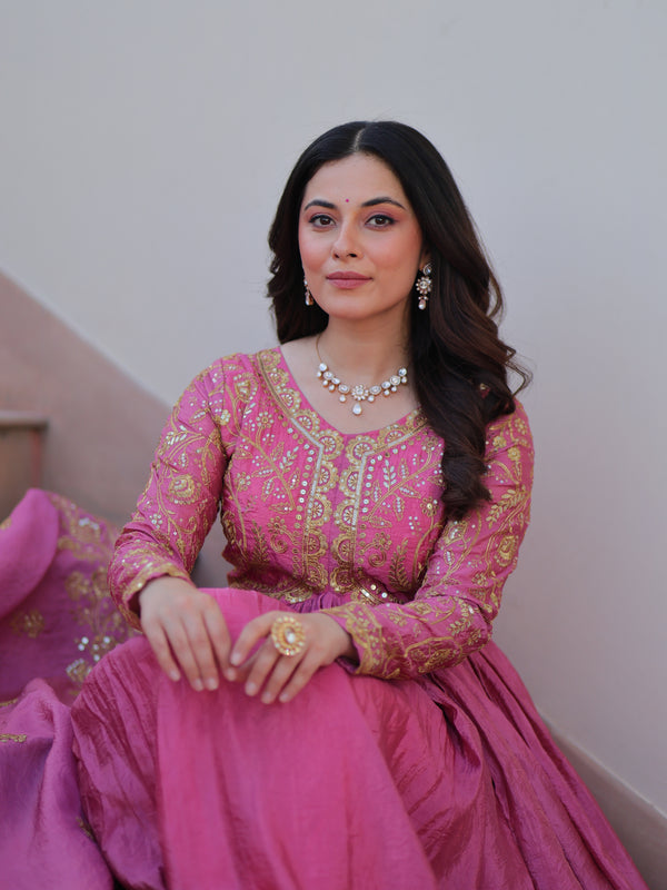 Gold-Crush Sequins Embroidered Gown with Dupatta