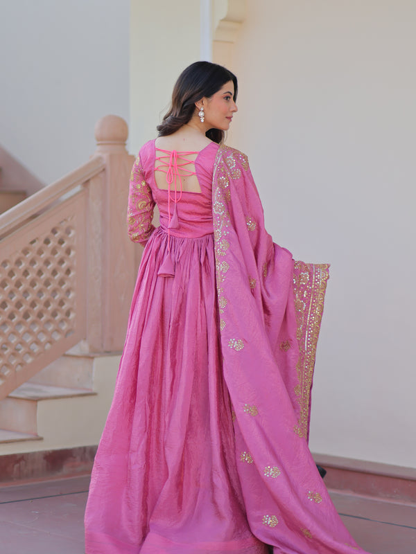 Gold-Crush Sequins Embroidered Gown with Dupatta